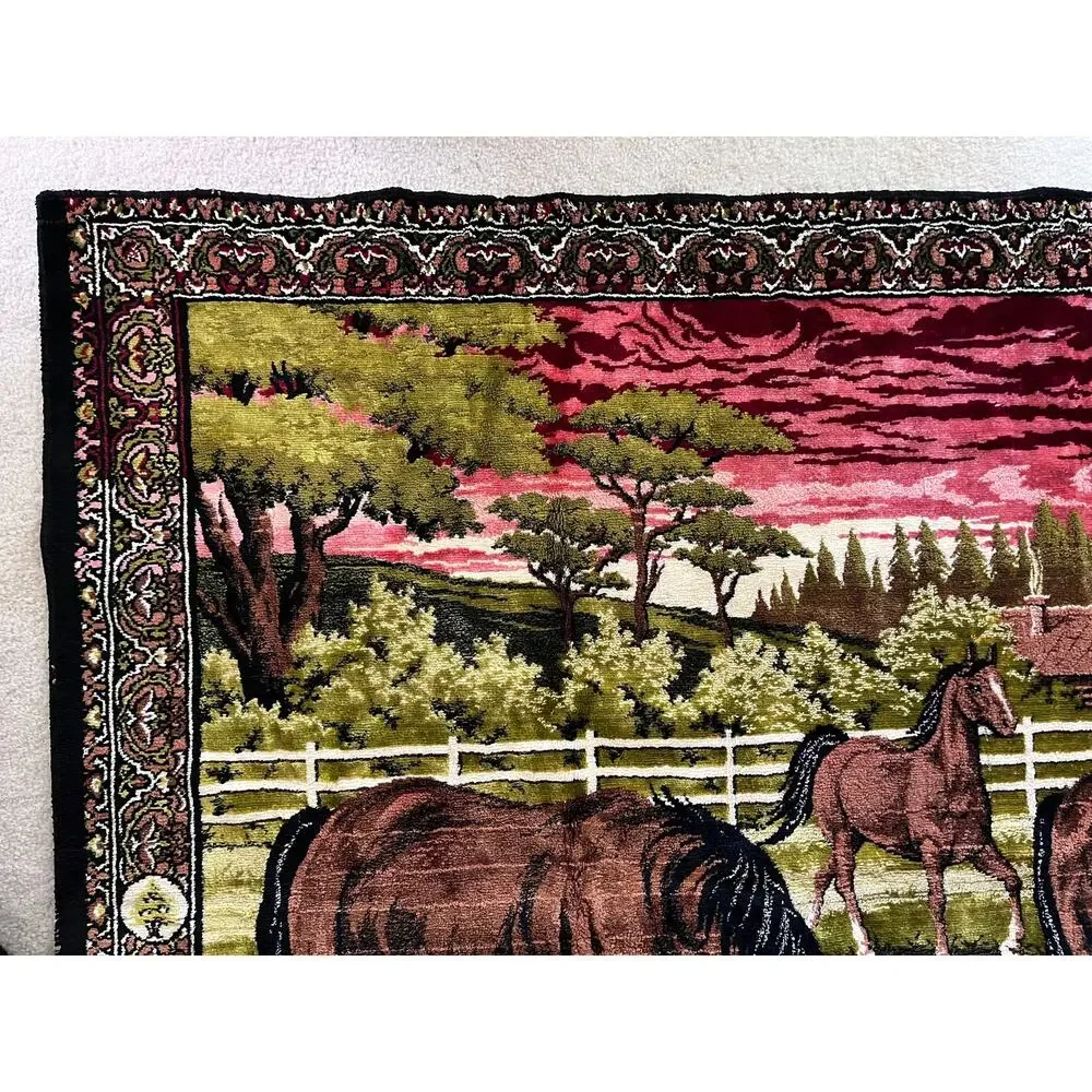 Large VTG 1970s Horse Tapestry Landscape Equestrian Farm Stable Made in Lebanon